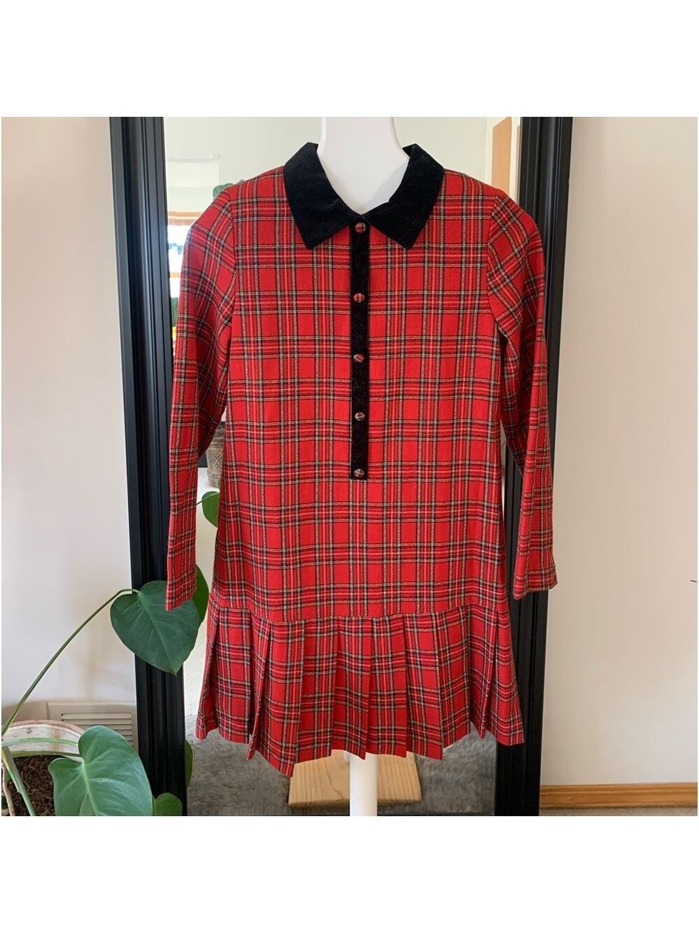 Maria Casero Red Plaid Long Sleeve Dress